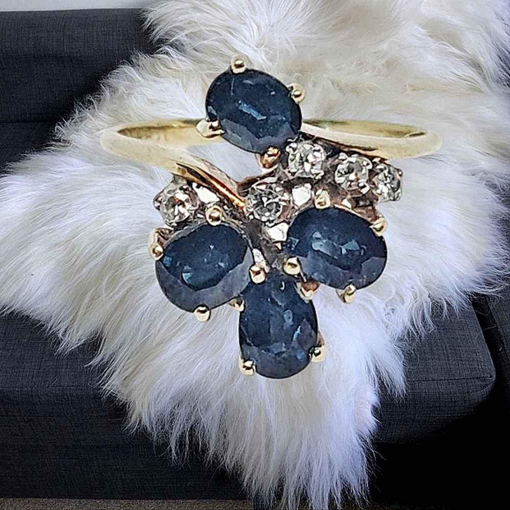Solid 14k Gold Ring with Four Oval Cut Medium Blue Sapphires and Diamonds